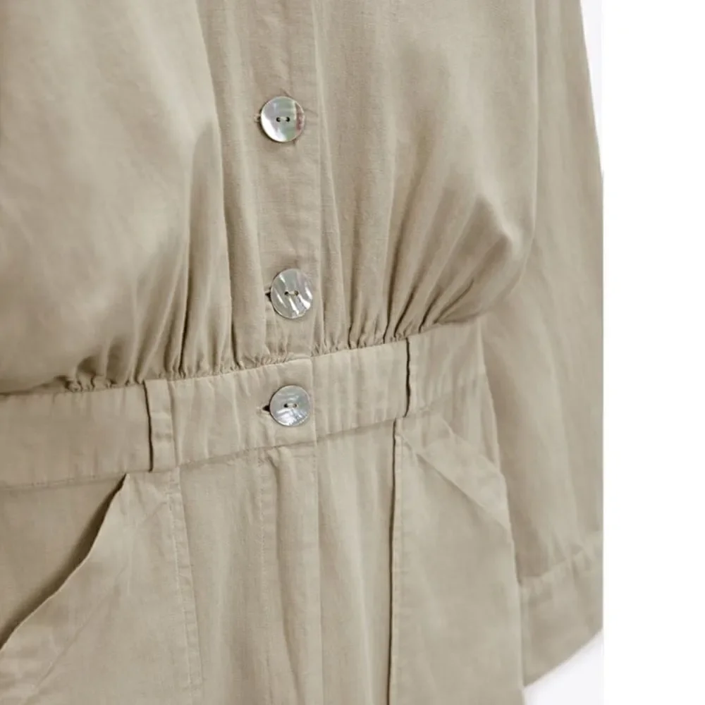 Zara Sand Linen Blend Long Jumpsuit Size M NWT Button Front Wide Leg Romper